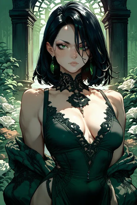 anime.  a mature woman .  Black hair.  green eyes. with a shaped body and a marked abdomen. lustful. dominant and sexy 