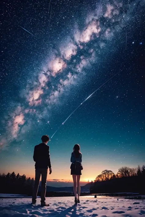 Couple, girl, boy tall, romantic, love, starry sky, galaxy, shooting stars, surreal, ความคมชัดสูง