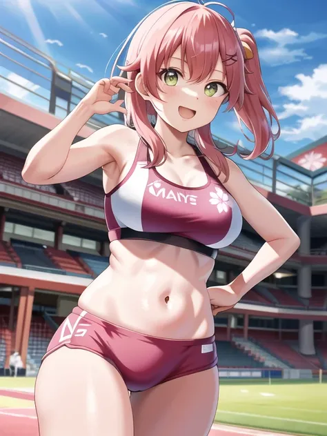 Masterpiece,  best quality ,  high resolution, Miko 1 , Sakura Miko,  One Girl, 緑のeye, Alone, stupid hair,  x Hair Accessory ,  pink hair ,  Toned Abs ， sports bra,  Floral Print,  hair clips,  long hair, eyeの間の毛,  Gym Workout Figure , smile,カメラeye線,Camera...