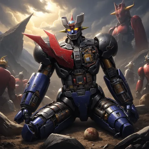 Mazinger Z , teeth、 is in a battle pose at a height of 100 meters  　  surrounded by multiple giant enemy robots, taken heavy damage, and fell down, Armor is destroyed, electrical circuits are shorted, discharged, and kneeled  , Mazinger Zの非常にリアルなバージョンで、 I ...