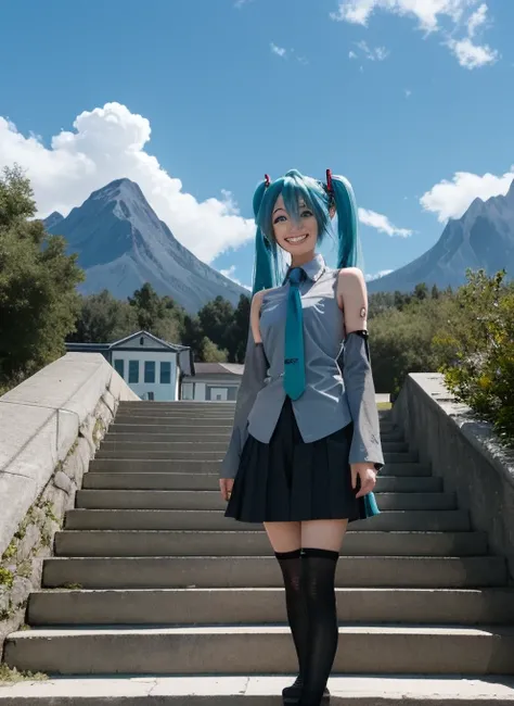 mikudef, upper body, smile, blush, outdoors, day, simple background, blue sky, sky, temple, looking at viewer, stairs, mountain, moody lighting, facing viewer,