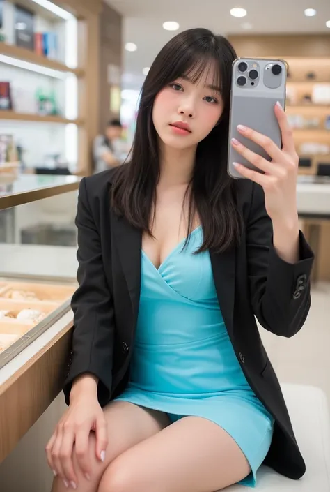 30-year-old Thai girl, pretty and cute, straight black hair, good figure, A-cup breasts, beautiful legs, She wearing her vibrant thin light blue short dress,  dark blue brazer. Sit elegantly in bekery shop at shopping mall. Holding her iphone up to take a ...