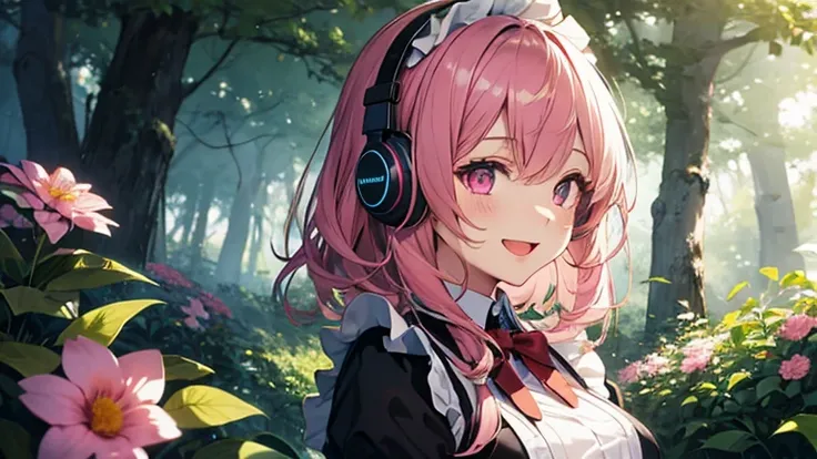  pink longhaired maid、 headphones pink eyes 1 girl,  is laughing　Flowers are blooming in the forest 　 illustration , 