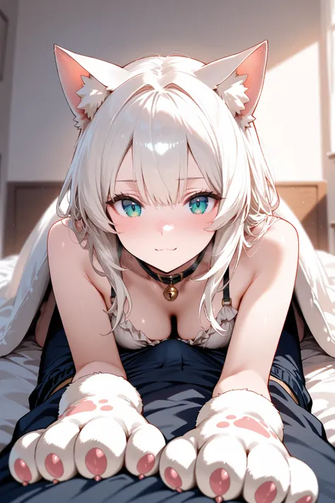 pov, lying on bed, cat girl hiding under the covers, rimjob, cat eyes, cat ears, cat paws