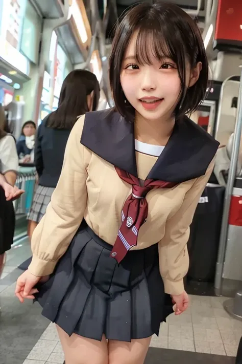  best quality , Masterpiece,   super high definition , (reality: 1.4),   original photo  , 3 women,  mature, smile,  short hair while on a business trip,   plump body, , Cinema Lighting, from below,  high school girl on a crowded train、 ahehe:1.1、Open your...