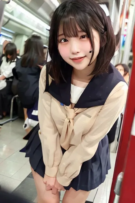  best quality , Masterpiece,   super high definition , (reality: 1.4),   original photo  , 3 women,  mature, smile,  short hair while on a business trip,   plump body, , Cinema Lighting, from below,  high school girl on a crowded train、 ahehe:1.1、Open your...