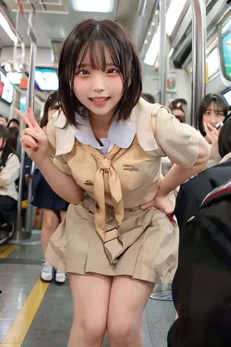  best quality , Masterpiece,   super high definition , (reality: 1.4),   original photo  , 3 women,  mature, smile,  short hair while on a business trip,   plump body, , Cinema Lighting, from below,  high school girl on a crowded train、 ahehe:1.1、Open your...