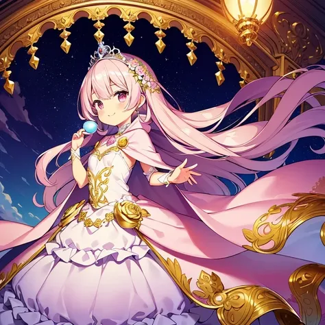 (solo), focus on character, kawaii, masterpiece, best quality, ultra detailed face, (rococo style gown), (long train pastel pink cape:1.15), (long train white ball gown:1.1), wide flared skirt, gown with flower decorations, (a girl is wearing a long cape o...