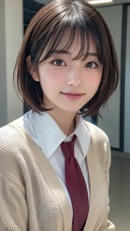 ((Masterpiece,  best quality ,  high resolution)),  Japanese high school girl 、( realistic: 1.4), Happy smile、 sharp mouth、great face, Glossy Lips 、,  short hair while on a business trip、( beautiful hair:1.5),  school classroom、  Japanese High School Unifo...