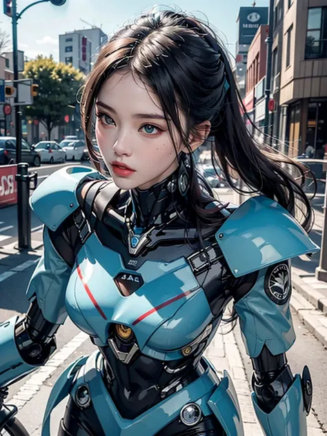  highest image quality , highlight details,  ultra-high resolution , ( realism : 1.4), The best illustration , Favor details, Highly concentrated 1 girl, ，The face is exquisite and beautiful , Wearing black and blue mecha, Wearing a mecha helmet,  holding ...