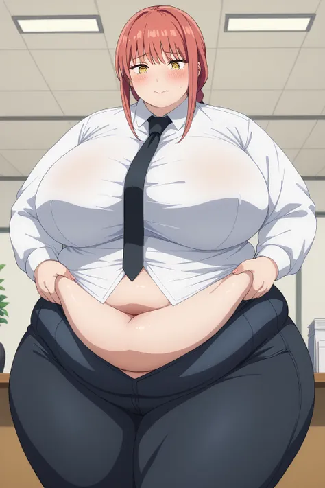 Makima, Makima,  long hair、bangs、 shirt、 Long Sleeve, yellow eyes, white  shirt、 braided 、 thighs、Red Hair、 ties, collared  shirt、 black pants 、black  ties,gigantic breasts,enormous breasts,Sloppy belly fat, company office , embarrassed expression, trouble...