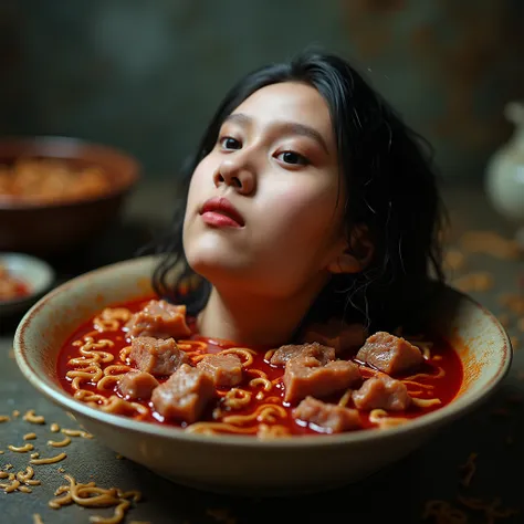 Masterpeace, hyperrealistic, decapitated female head on a bowl, Asian face, covered with noodles and meat, like soup, ((eyes closed)), served like a food dish, bloody, photorealistic, 4K, Nikon, horror, with front shooting angle, very realistic, (complex d...