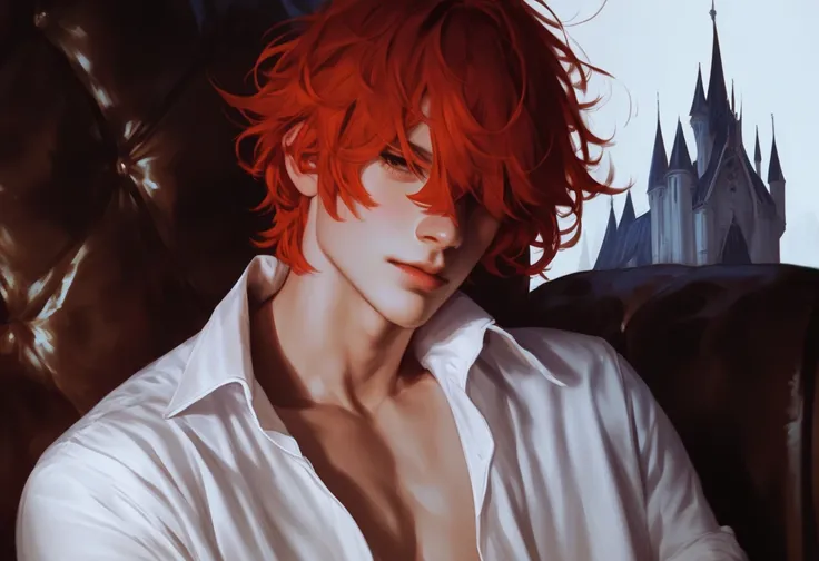  1 Man ,portrait,  Big Messy Hair ,  red hair， short hair, No Expression, ( Unraveled White Shirt:1.2),  Bare Chest ,  muscular , ( Western Features :1.2),  Castle Background ,  dark vibe 