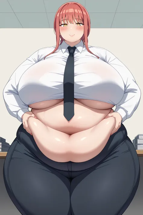 Makima, Makima,  long hair、bangs、 shirt、 Long Sleeve, yellow eyes, white  shirt、 braided 、 thighs、Red Hair、 ties, collared  shirt、 black pants 、black  ties,gigantic breasts,enormous breasts,Sloppy belly fat, company office ,Kissing Face,blush,milf,Severe o...