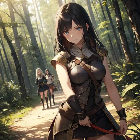 A group of  female medieval fantasy adventurers, (in forest), various hair styles, harem, night, details face, short skirt, seducing, sleeveless, armor,