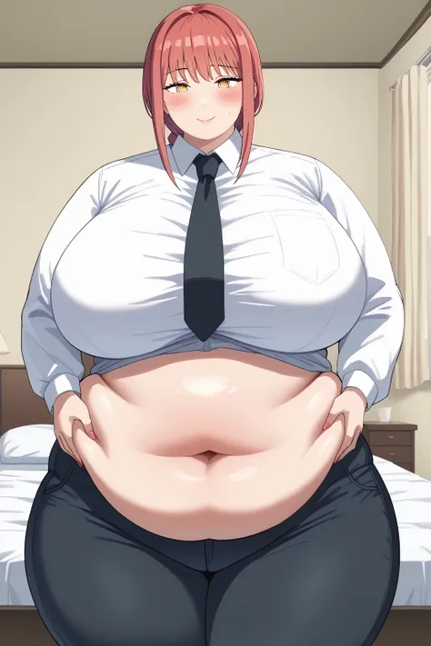 Makima, Makima,  long hair、bangs、 shirt、 Long Sleeve, yellow eyes, white  shirt、 braided 、 thighs、Red Hair、 ties, collared  shirt、 black pants 、black  ties,gigantic breasts,enormous breasts,Sloppy belly fat,bedroom,seductive look,blush,milf,Severe obesity,...