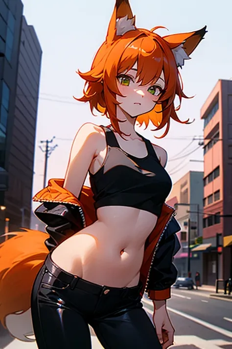 Suin,Fox ears,  girl,One small fox tail , Medium hair ,Slightly larger bust , orange hair, black leather jacket on top of a white tank top,  bottoms are oversized punk-style black leather pants,  with its belly button showing red eyes on the left and green...