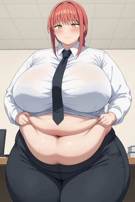 Makima, Makima,  long hair、bangs、 shirt、 Long Sleeve, yellow eyes, white  shirt、 braided 、 thighs、Red Hair、 ties, collared  shirt、 black pants 、black  ties,gigantic breasts,enormous breasts,Sloppy belly fat, company office , embarrassed expression, trouble...