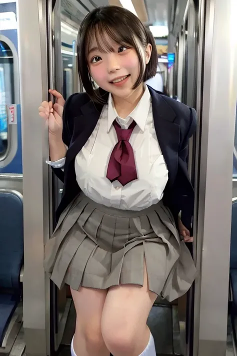  best quality , Masterpiece,   super high definition , (reality: 1.4),   original photo  , 3 women,  mature, smile,  short hair while on a business trip,   plump body, , Cinema Lighting, from below,  high school girl on a crowded train、 ahehe:1.1、Open your...