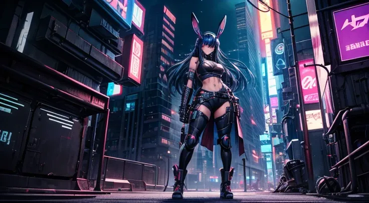 cyberpunk,  a girl,  dark blue hair,  wide hair, angry face, flat chested girl,  big thighs,  big legs ,
He wears a cyberpunk outfit ,  diabolical rabbit helmet , cyberpunk gloves,  metal claws,  cyberpunk pants,  large budding pants , clawed feet,  chest
...