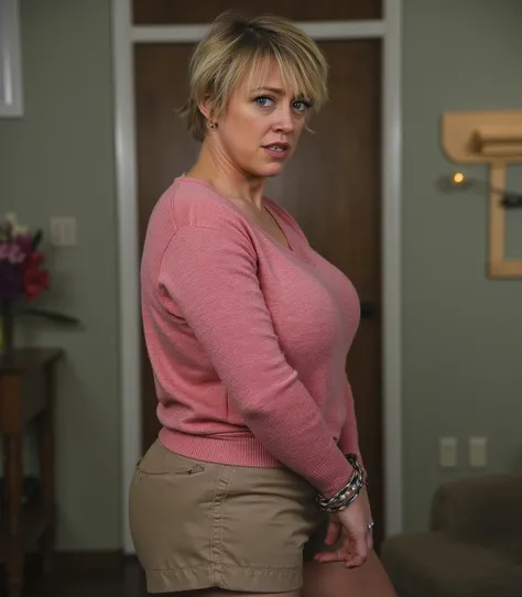 realistic photo of  deewilliams,  short hair, large breasts, a pink sweater, khaki shorts, hands tied behind back, side view, looks worried, looking at viewer.