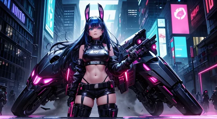 cyberpunk,  a girl, loli,   dark blue hair,  wide hair, angry face, flat chested girl,  big thighs,  big legs ,
He wears a cyberpunk outfit ,  diabolical rabbit helmet , cyberpunk gloves,  metal claws,  cyberpunk pants,  large budding pants , clawed feet, ...