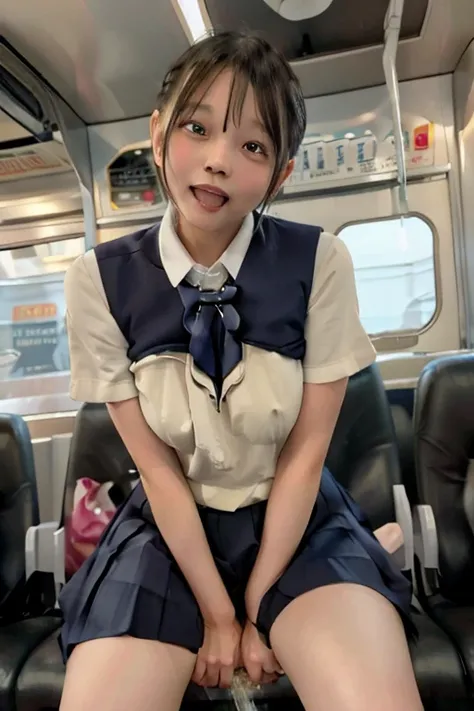  best quality , Masterpiece,   super high definition , (reality: 1.4),   original photo  , 3 women,  mature, smile,  short hair while on a business trip,   plump body, , Cinema Lighting, from below,  high school girl on a crowded train、 ahehe:1.1、Open your...