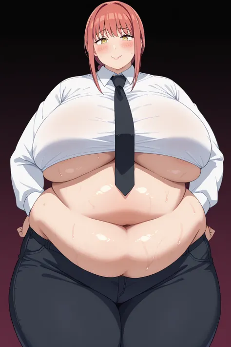 Makima, Makima,  long hair、bangs、 shirt、 Long Sleeve, yellow eyes, white  shirt、 braided 、 thighs、Red Hair、 ties, collared  shirt、 black pants 、black  ties,透けた shirt,gigantic breasts,enormous breasts,Sloppy belly fat, I'm sweating a lot, dark room,bedroom,...