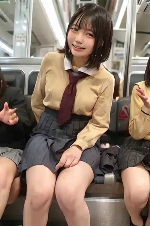  best quality , Masterpiece,   super high definition , (reality: 1.4),   original photo  , 3 women,  mature, smile,  short hair while on a business trip,   plump body, , Cinema Lighting, from below,  high school girl on a crowded train、 ahehe:1.1、Open your...