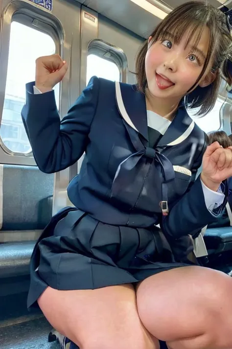  best quality , Masterpiece,   super high definition , (reality: 1.4),   original photo  , 3 women,  mature, smile,  short hair while on a business trip,   plump body, , Cinema Lighting, from below,  high school girl on a crowded train、 ahehe:1.1、Open your...