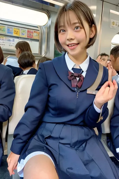  best quality , Masterpiece,   super high definition , (reality: 1.4),   original photo  , 3 women,  mature, smile,  short hair while on a business trip,   plump body, , Cinema Lighting, from below,  high school girl on a crowded train、 ahehe:1.1、Open your...