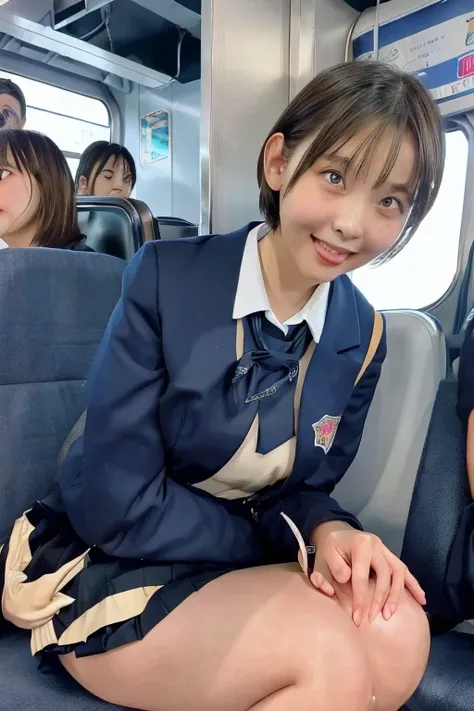  best quality , Masterpiece,   super high definition , (reality: 1.4),   original photo  , 3 women,  mature, smile,  short hair while on a business trip,   plump body, , Cinema Lighting, from below,  high school girl on a crowded train、 ahehe:1.1、Open your...