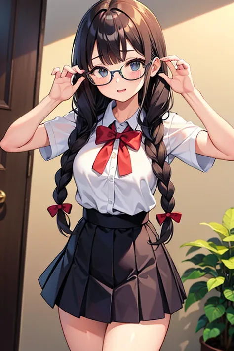 (( best quality )), ((Masterpiece)), (  Details),  1 girl,  elementary school students，Glasses， braids， straight bangs ， sexy，mesh skirt，Going Out， embarrassing，