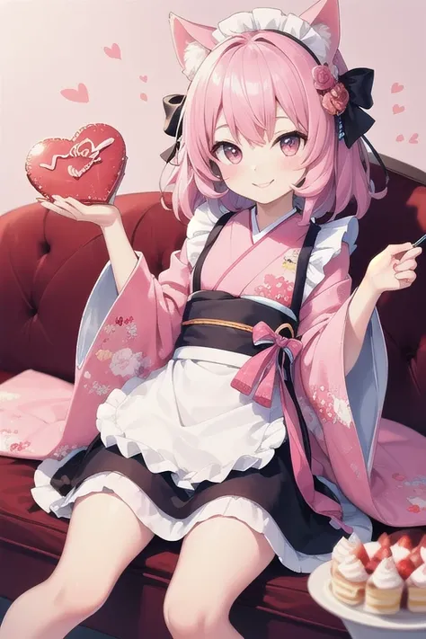 Top quality, high resolution, detailed, beautiful image quality, one girl, cute pale pink kimono, knee-length kimono, frilly maid apron, cat ears, lolicon feel, smiling face, cute design with pink as the main color, overall sweet and dreamy atmosphere, bac...