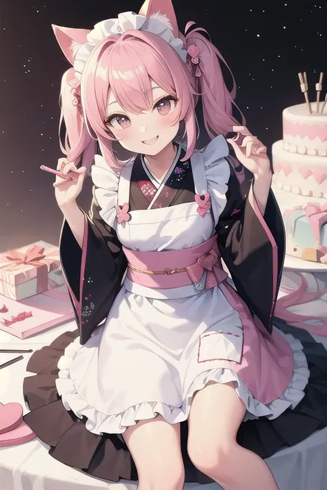 Top quality, high resolution, detailed, beautiful image quality, one girl, cute pale pink kimono, knee-length kimono, frilly maid apron, cat ears, lolicon feel, smiling face, cute design based on pink, overall sweet and dreamy atmosphere, candy, hearts, ca...