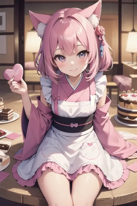 Top quality, high resolution, detailed, beautiful image quality, one girl, cute pale pink kimono, knee-length kimono, frilly maid apron, cat ears, lolicon feel, smiling face, cute design based on pink, overall sweet and dreamy atmosphere, candy, hearts, ca...