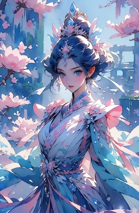 (((Masterpiece,   best quality )))、watercolor、 (masterpiece),  best quality ,  more details,  illustration, Detailed light, blue eyes、 eyes like jewels、｛｛Statue of a woman sculpted with transparent pink crystals｝｝、The beginning of spring 、 plum blossom