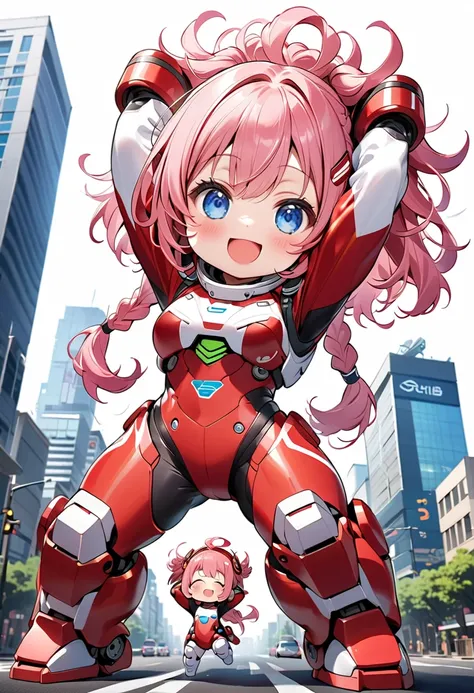 (The background is a giant robot in a city:1.5)、(( dynamic pose with arms behind head:1.5、 motion blur:1.5))、(( One Girl:1.5)、(( chibi、 chibiガール:1.5)))、Kindergarten student:1.5、 best quality 、 high resolution、 detailed background 、 details、 anatomically co...