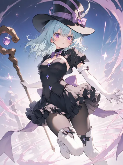 (masterpiece, best quality, ultra-detailed character), 1girl, light blue hair, medium hair, purple eyes, magician, strapless dress, frills, short dress, shrug (clothing), black pantyhose, white thigh boots, white elbow gloves, holding magical staff,, dynam...