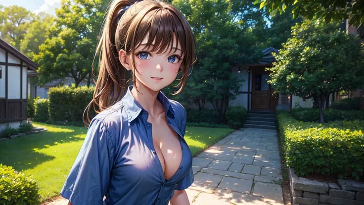 1girl, summer, trees, house, fantasy landscape, water, light brown hair, ponytail, large full breasts, dark blue eyes, ((blue shirt)), ((short sleeved shirt)), ((unbuttoned shirt)), ((unbuttoning shirt)), (cleavage), skirt, smile, laugh, looking at the vie...