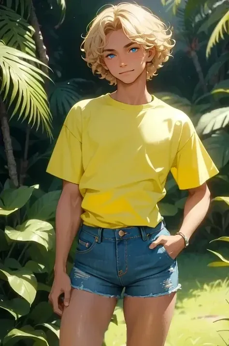 A tanned 20-year-old boy , Sensual, with blonde curly hair and blue eyes,  beautiful and cute face with a seductive smile.  The boy wears a yellow cropped with green details, And very short and tight denim mini shorts , The boy's legs are beautiful , thick...