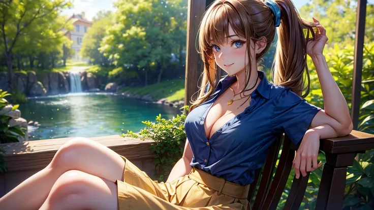 1girl, summer, trees, house, fantasy landscape, water, light brown hair, long hair, ponytail, large full breasts, dark blue eyes, ((blue shirt)), ((short sleeved shirt)), ((unbuttoned shirt)), ((unbuttoning shirt)), (cleavage), ((skirt)), smile, laugh, loo...