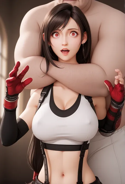 masterpiece,  best quality , 8k, 20th generation,Tifa Lockhart , red eyes, black hair, low-tied long hair, earrings, white sports bra, black suspenders,  black miniskirt, arm warmers, black elbow gloves, elbow pads, red gloves, red footwea,（Big Breasts）,  ...