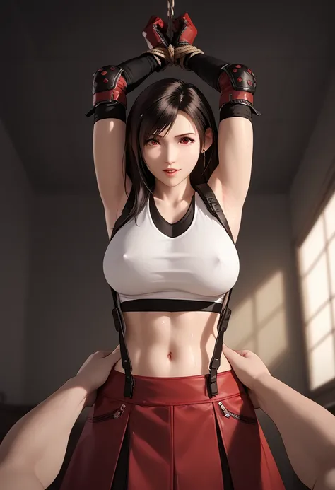 masterpiece,  best quality , 8k, 20th generation、（Big Breasts、 pink nipples), Tifa Lockhart , red eyes, black hair, low-tied long hair, earrings, white sports bra, black suspenders,  black miniskirt, arm warmers, black elbow gloves, elbow pads, red gloves,...