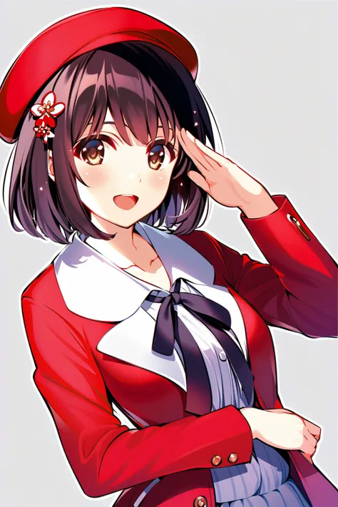 Megumi Kato,  1 girl, Alone, bangs,  tea hair,  has , white head decoration ,  dress,   white background ,  viewers,  Simple Background ,  brown eyes,  open your mouth,  short hair while on a business trip, ribbon,  jacket , red  jacket , black ribbon, , O...