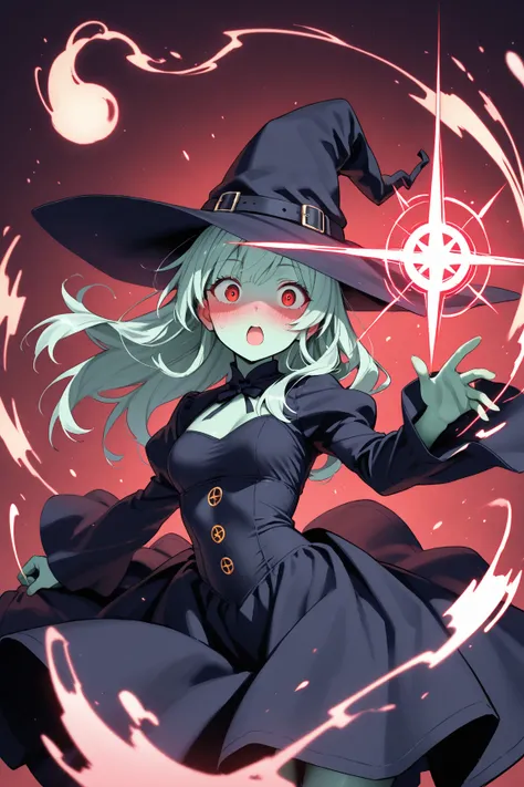 witch, green skin, witches dress, casting spell, disappearing clothes, surprised look, blushing