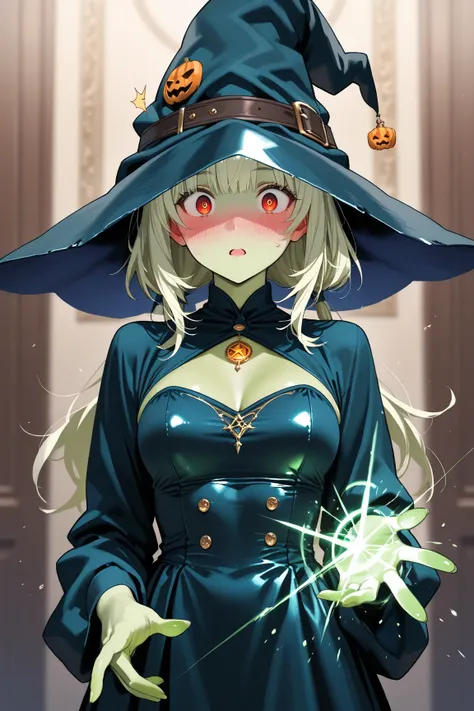 witch, green skin, witches dress, casting spell, glass clothes, surprised look, blushing