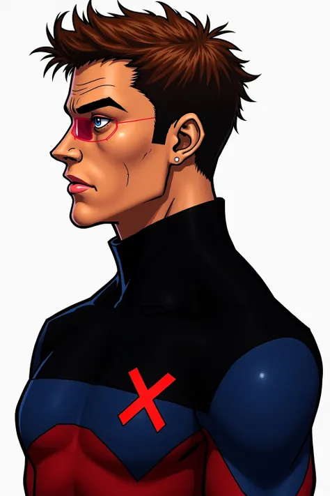 Tall, 6'3", Chiseled muscles, Stoic visage, Pale tanned skin, Fiery Brown hair, Single piercing cyclops eye, Ruby quartz visor, Black and blue costume, Crimson 'X' emblem, Leader, X-Men, Mutant, Orphan, Gifted youngster, Devoted father, Emotional complexit...