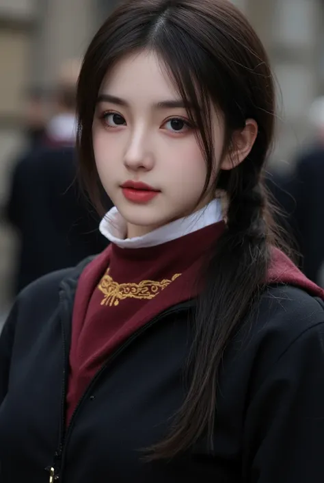  1 girl, Long hair,  black hair,Long hairมาก, Open mouth,  depth of field, High resolution,  Medium Ponytail, smile, close-up, movies, harry potter student costume , ravenclaw,  witch harrypotter cloak