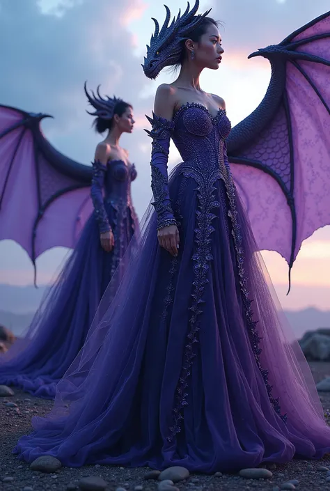 long dresses inspired by a black dragon with violet scales and sky colors